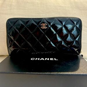 Chanel Patent Zip Around Wallet Black